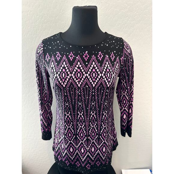 BOB MACKIE | Black Purple Artsy Rhinestone Sparkly Knit Long Sleeve Top | XXS - Picture 2 of 7